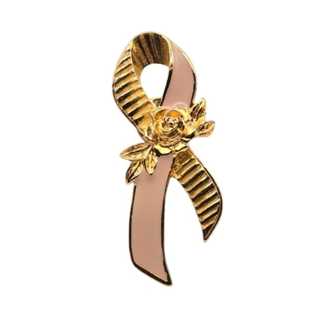 Avon 1992 Pink Ribbon Brooch‎ Gold Tone Breast Cancer Awareness Pin Rose Flower